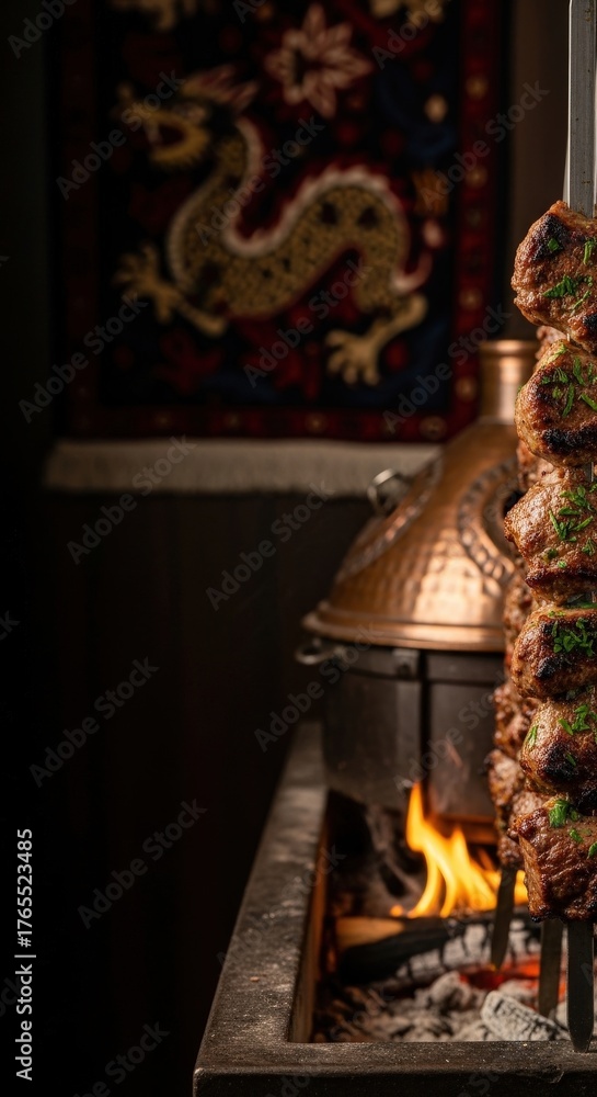 Fototapeta premium Azerbaijani Kebab Inferno: Oak Embers, Dragon Heritage & Lamb Fire