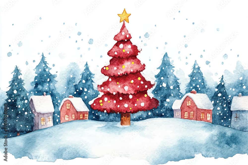 Fototapeta premium Watercolor Christmas houses landscape in snow, christmas house scene, pine tree, Countryside watercolor landscape illustration of winter