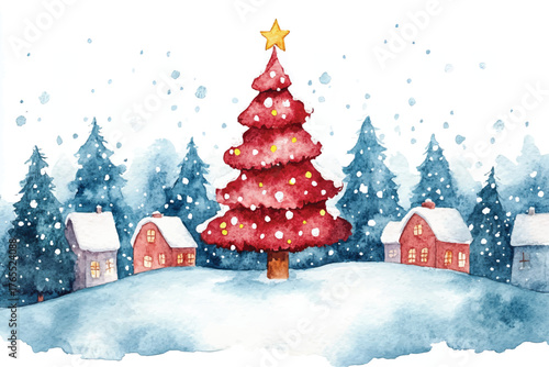 Watercolor Christmas houses landscape in snow, christmas house scene, pine tree, Countryside watercolor landscape illustration of winter