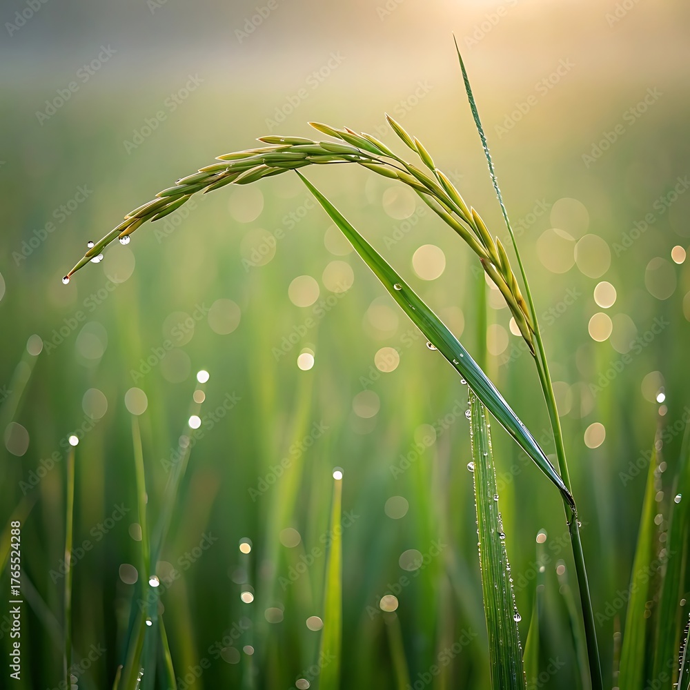 Fototapeta premium Close up of a dew covered rice stalk in a green field at sunrise