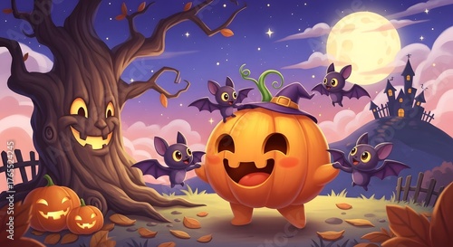 Joyful Halloween Night Smiling Pumpkin Cute Bats Spooky Tree and Haunted Castle Under Full Moon.