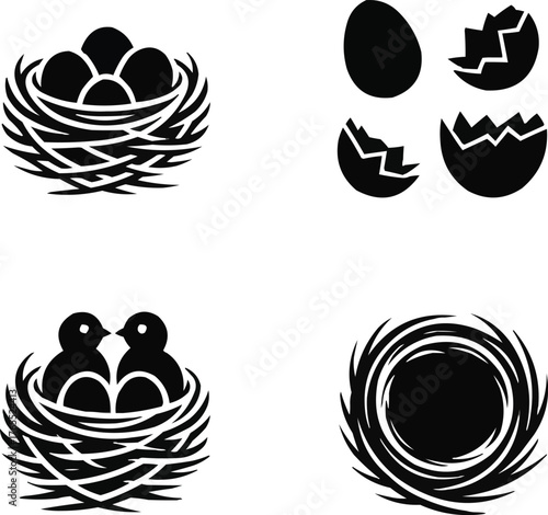 Bird Nest Glyph Icon Set  Solid Nests and Eggs Silhouette Collection