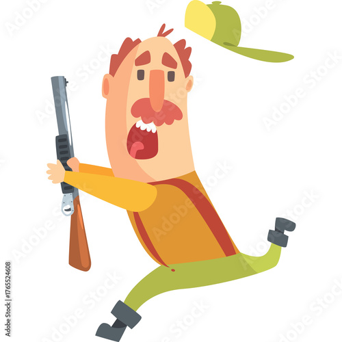 Cartoon Man Hunter with Shotgun Running in Exaggerated Pose with Yellow Green Hat Flying Off Against White Background