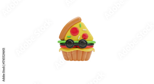 Playful cupcake with pizza slice and sunglasses 3 d render illustration