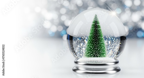 A Christmas snow globe with a miniature green tree. Festive winter holiday decoration on a shiny bokeh background with copy space
