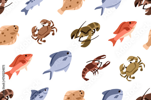 Sea animals pattern. Seamless design with fishes, crabs, lobsters. Seafood, underwater marine food, endless background, repeating print for textile, fabric, wrapping paper. Flat vector illustration