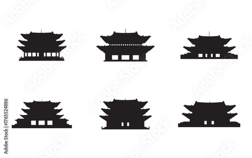 Collection of Korean Traditional Architecture Silhouettes Depicting Historical Buildings and Landmarks in Black on White Background