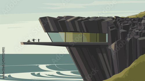 Modern house on a cliff overlooking the ocean with three people standing on the edge of the balcony area