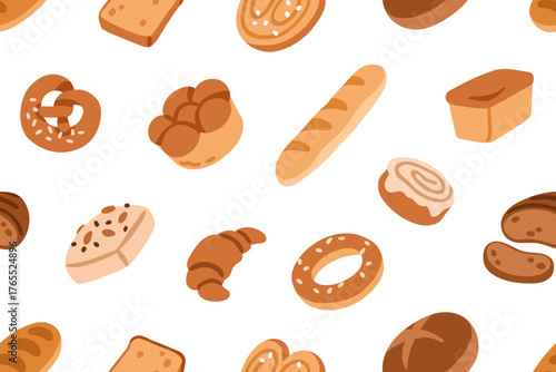Bakery pattern. Seamless background design, repeating print with baked food, bun, artisan bread, baguette and croissant. Endless texture for textile, wrapping, package. Flat vector illustration