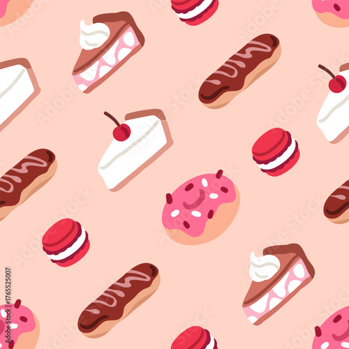 Desserts, seamless pattern. Sweet food, patisserie, pastry, repeating print d...