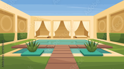 Illustration of a luxurious courtyard with a pool, cabanas, and manicured landscaping under a clear blue sky