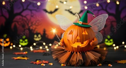 Whimsical Halloween Pumpkin Fairy with Glowing Wand Festive Scene Magical Atmosphere.