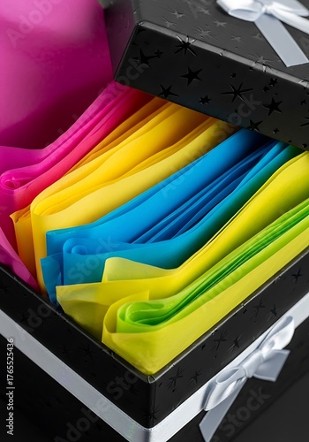 Open Gift Box Filled with Brightly Colored Tissue Paper Layers