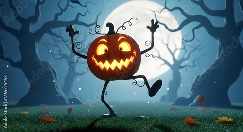 Whimsical Halloween Animated Pumpkin Character Dancing Under Moonlight in Spooky Forest.
