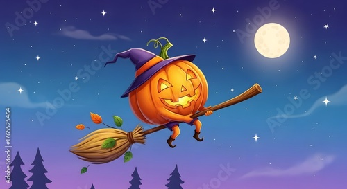 Whimsical Jackolantern Witch Rides Broomstick Under Full Moon and Starry Sky.