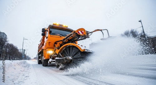 Fototapeta Naklejka Na Ścianę i Meble -  Efficient winter road maintenance with snowplow clearing snow on city streets