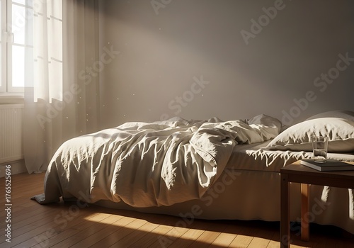 Serene morning ambiance, bedroom bathed in soft light with a gentle touch