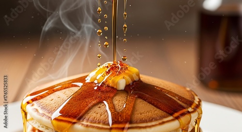 Stack of pancakes cascading with warm amber maple syrup indulgence