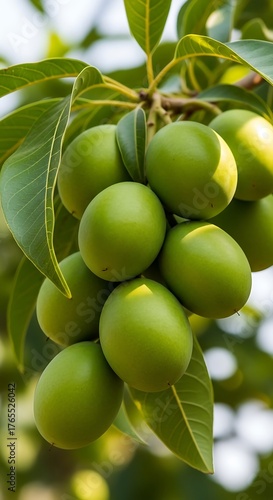Vibrant green immature mangoes hanging gracefully on a lush branch