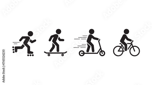Set of active transportation icons including roller skating skateboarding scooter riding and bicycling simple flat vector design isolated on white background