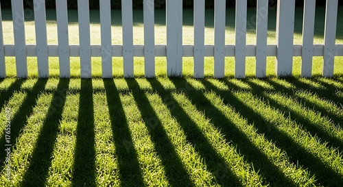 Shadows cast by a white picket fence on vibrant green grass surface
