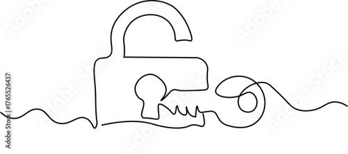 Single continuous line drawing lock and key, isometric image. Key and lock. Safety lock with key icon image. Success, solution, opportunity and safety concept. One line draw graphic design vector