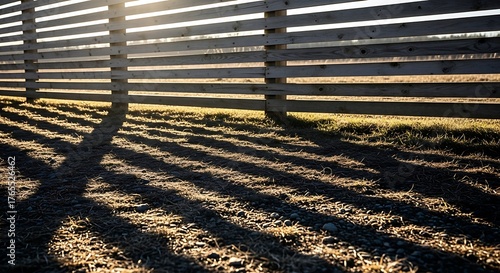 Sunlit wooden fence casting long shadow in a rural landscape scene