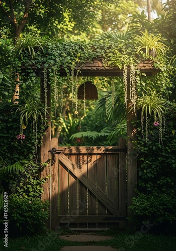 Tranquil garden entrance with an aged wooden gate and lush foliage