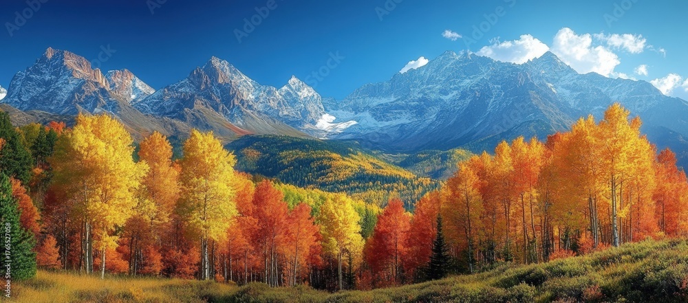 Fototapeta premium A stunning landscape featuring majestic mountains and vibrant autumn foliage under a clear blue sky.