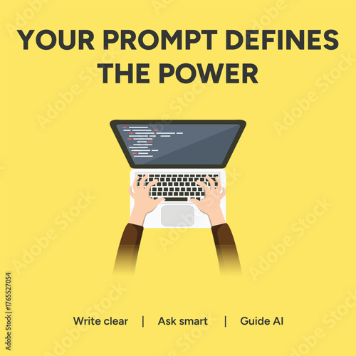 Vector art of your prompt defines the power hands typing on a laptop, emphasizing clear writing, smart questions, and guiding ai for optimal results artificial intelligence post