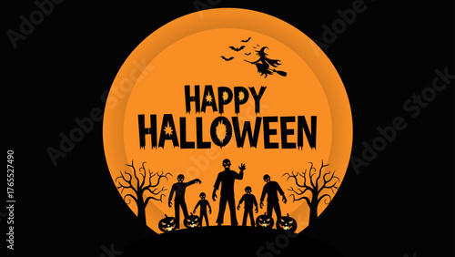 Illustration of happy halloween background with zombies, witch, bats and trees silhouette, great for profile avatar