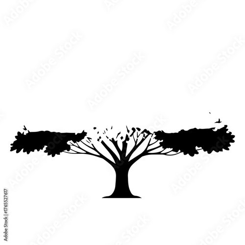 A graphic vector illustration of a solitary sprawling tree silhouette, its wide branches symbolizing growth and balance in nature