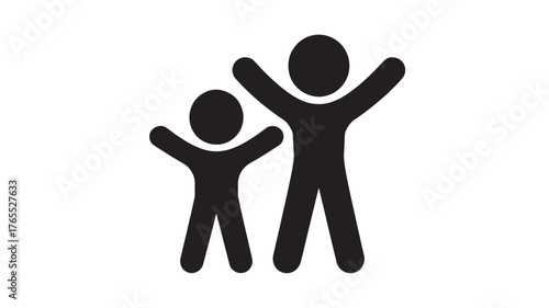 Stick figure family icon simple black silhouette of parent and child with arms raised vector illustration isolated on white