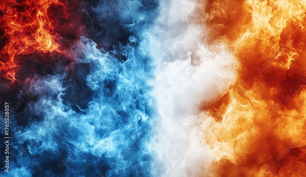 Fototapeta premium A vibrant mix of red, blue, and orange smoke-like textures, creating an abstract visual effect that evokes energy and movement.