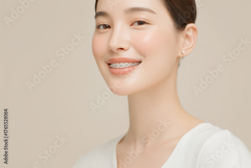 歯科矯正の装置をつけた歯並びの美しい笑顔の女性