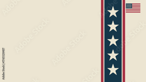 A patriotic design featuring an american flag and a blue stripe with five white stars on a beige canvas