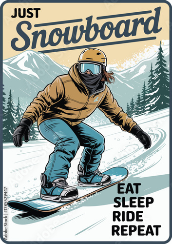 Snowboarder having fun descending a snowy mountainside in retro-inspired artwork, perfect for winter sports lovers, outdoor activity promotions, and vintage adventure-themed graphic designs.