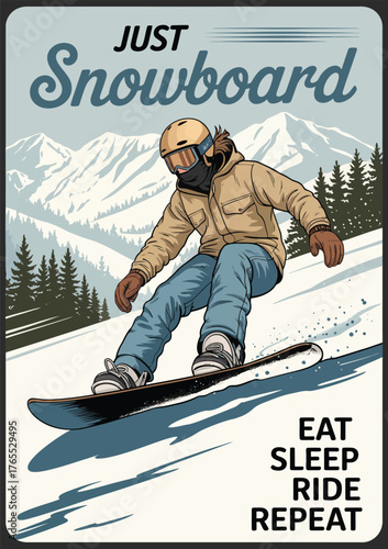 Snowboarder having fun descending a snowy mountainside in retro-inspired artwork, perfect for winter sports lovers, outdoor activity promotions, and vintage adventure-themed graphic designs.