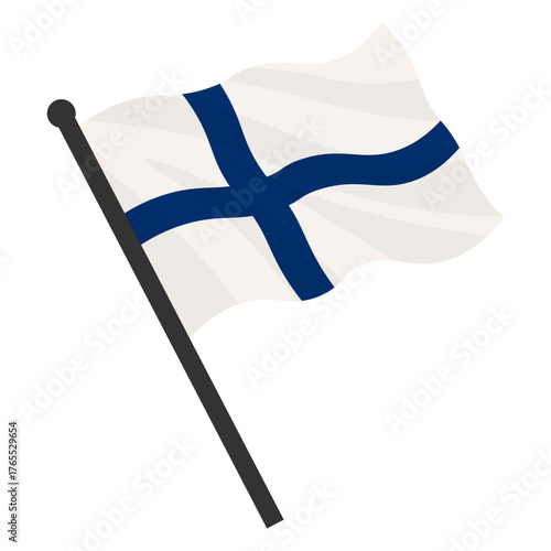 Waving flag of  Finland state. Illustration of European country flag on flagpole with red and white colors. Vector 3d icon isolated on white background