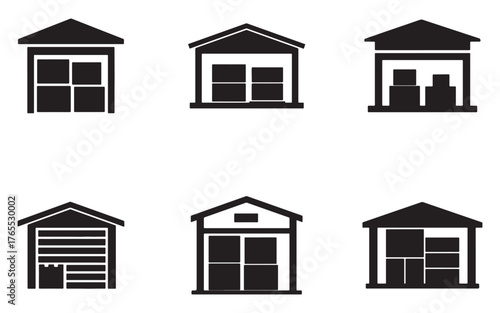 Collection of Warehouse Silhouettes Vector Illustration Set Depicting Storage and Logistics