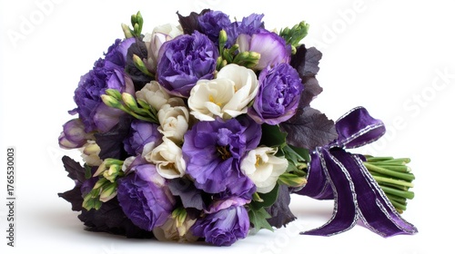 Elegant purple and white lisianthus wedding bouquet with dark foliage tied with silk ribbon on white background. Fresh romantic floral arrangement for bride