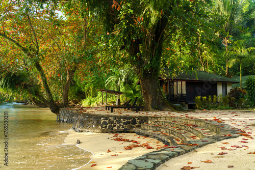 Beach bungalow with stone steps at Bunaken Island, North Sulawesi, Indonesia
