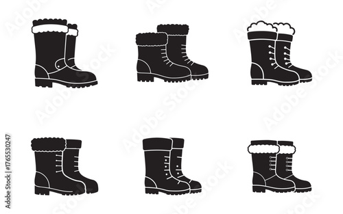 Collection of Winter Boots Silhouettes in Black and White a Variety of Styles and Designs for Cold Weather Protection
