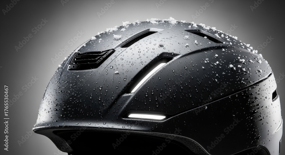 Fototapeta premium A close-up of a sleek black ski helmet with snow and condensation. Protective winter sports gear for skiing and snowboarding on a gray background