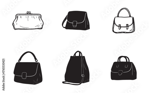 Collection of Women Handbags and Purses Illustration in Black and White Stylish Accessories for Modern Outfit Vintage Design Elements