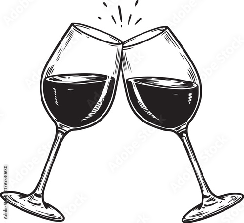 Two wine glasses clinking in a celebratory toast black and white