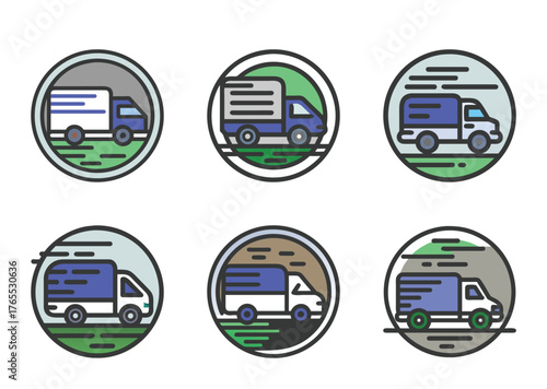 Six unique delivery truck icons in circles, representing diverse moving services Free Download Six unique delivery truck icons in circles, representing diverse moving services - GFXLoad