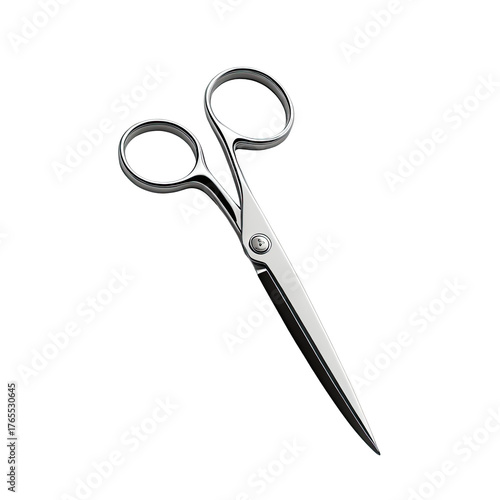 Glossy, metallic silver scissors against a stark black background