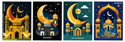 eid al mubarak  : ramadan eid mosque art cards with crescent moon and golden domes for poster, greeting card and flyer