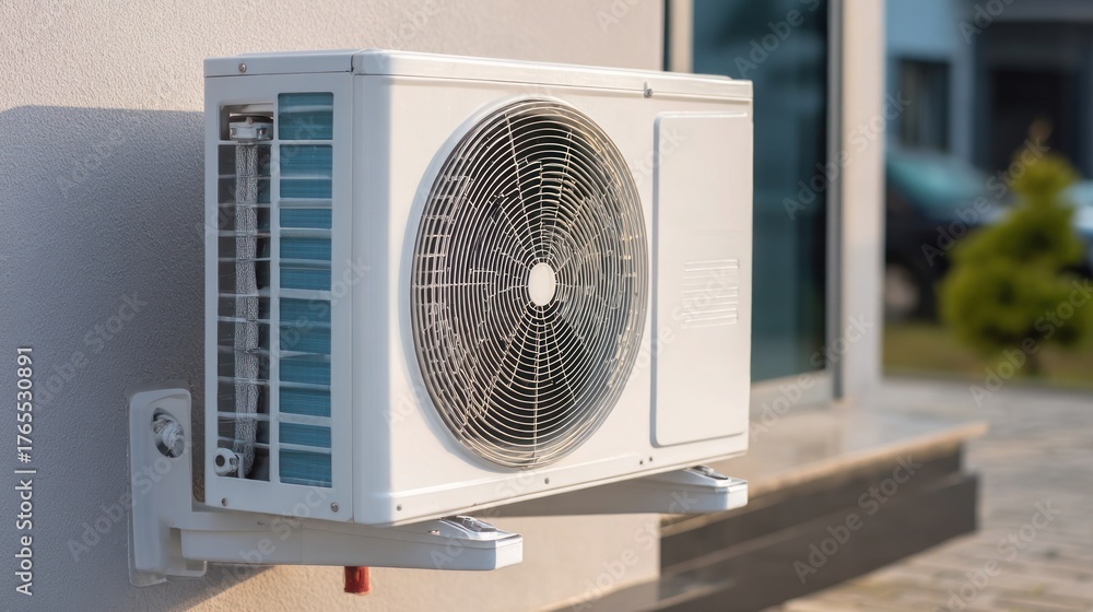 Fototapeta premium Air conditioner unit installed on wall exterior climate control concept